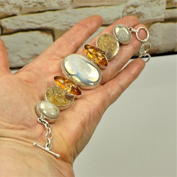 Rare Multi Stone 925 Silver Link Toggle Bracelet With Amber Ammonite Druzy MOP - Picture 8 of 16